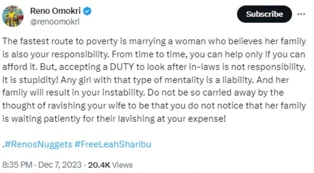 Reno Omokri Says Marrying a Woman Who Thinks Her Family Is Your Responsibility Is the Quickest Path to Poverty