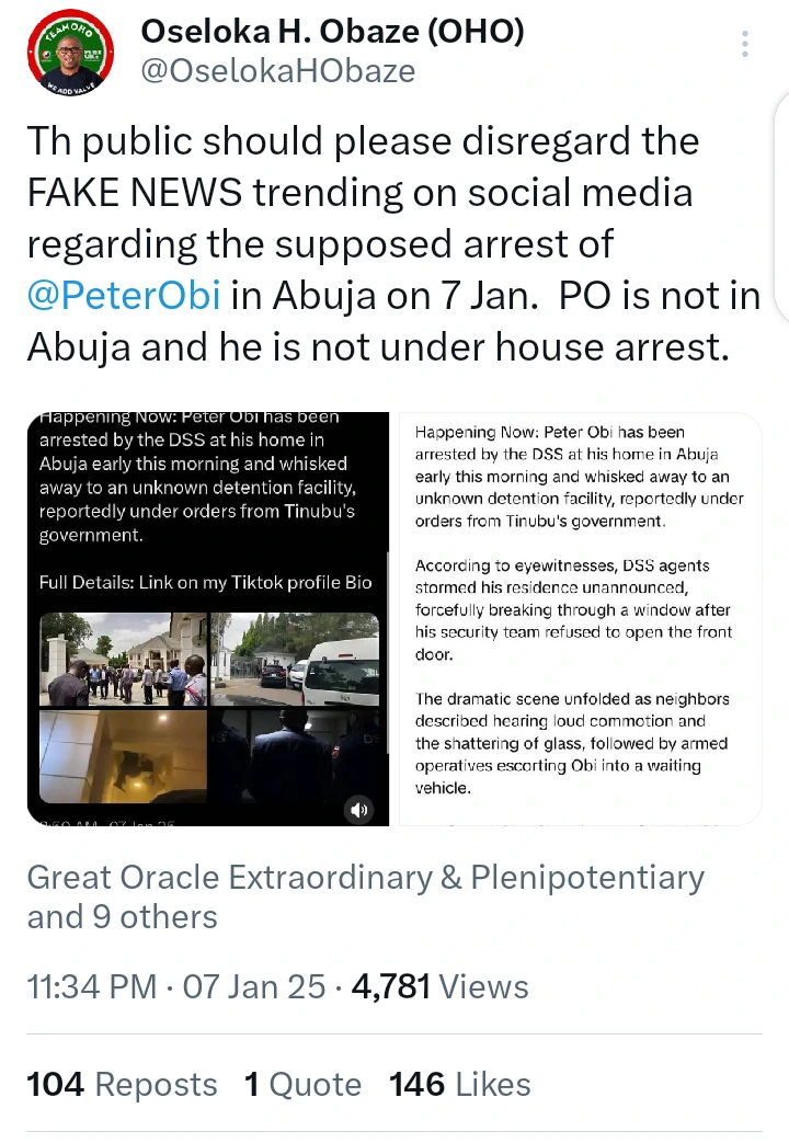 Obaze Addresses Viral Claims of DSS Arresting Peter Obi at His Abuja Residence
