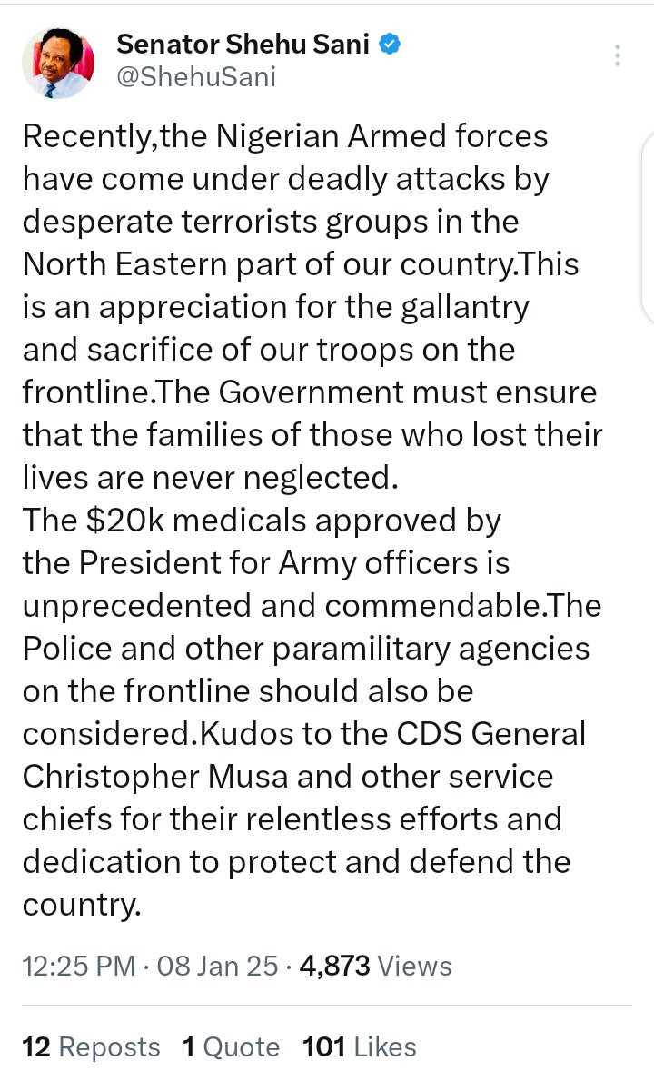 Tinubu's $20,000 Medical Fund for Military Personnel Sparks Reaction from Shehu Sani