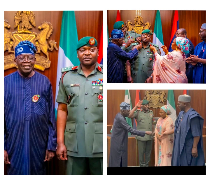 President Tinubu’s Aide-De-Camp Sparks Reactions By Saluting His Wife After Receiving New Rank