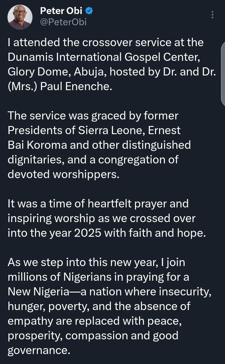 Reactions After Peter Obi Revealed That He Joined Crossover Service At Pastor Enenche's Church