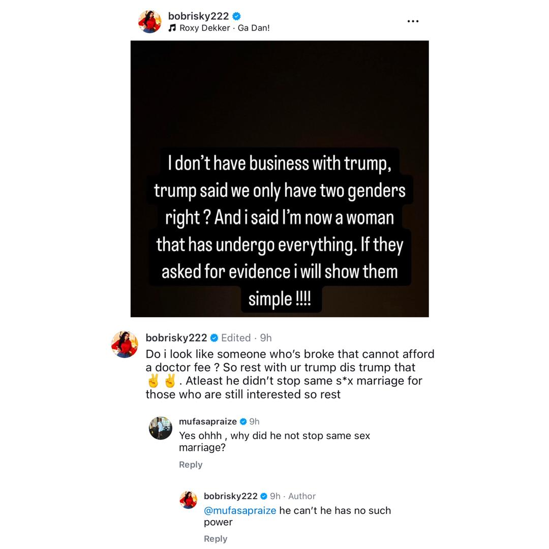 Bobrisky Responds to Claims That Trump Can Ban Same-Sex Marriage: "He Has No Such Powers"