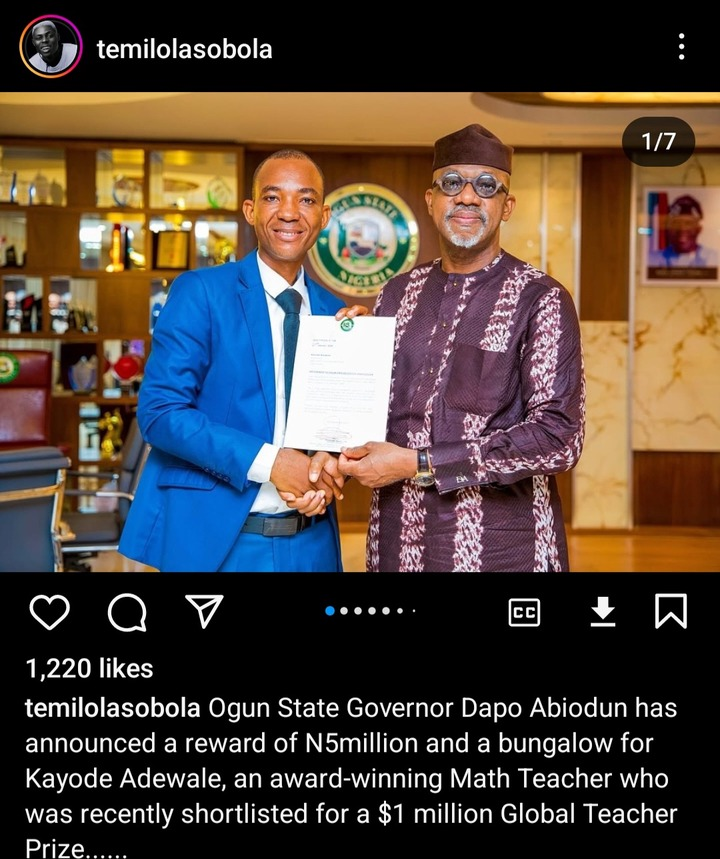 Ogun Governor Rewards Math Teacher with ₦5 Million and Home for Global Recognition