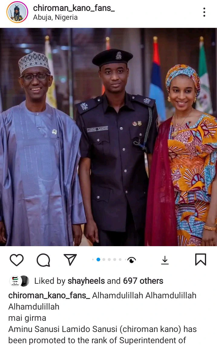 Emir Sanusi’s Son, Aminu, Celebrates New Police Rank with a Heartwarming Moment with His Wife