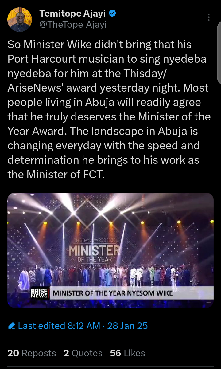 Tinubu's Aide Praises Wike's "Minister of the Year" Award, Notes Absence of Band Boys