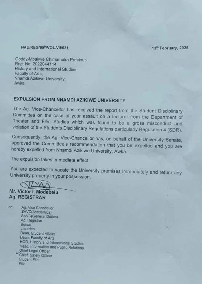 UNIZIK Expels Female Student After Viral Clash with Lecturer