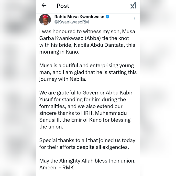 Rabiu Musa Kwankwaso Reacts After Attending Son’s Wedding in Kano