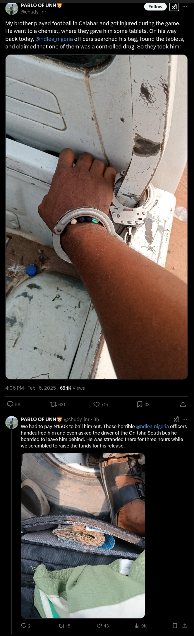 NDLEA Allegedly Extorts ₦150K from Corps Member Over Pain Medication Arrest