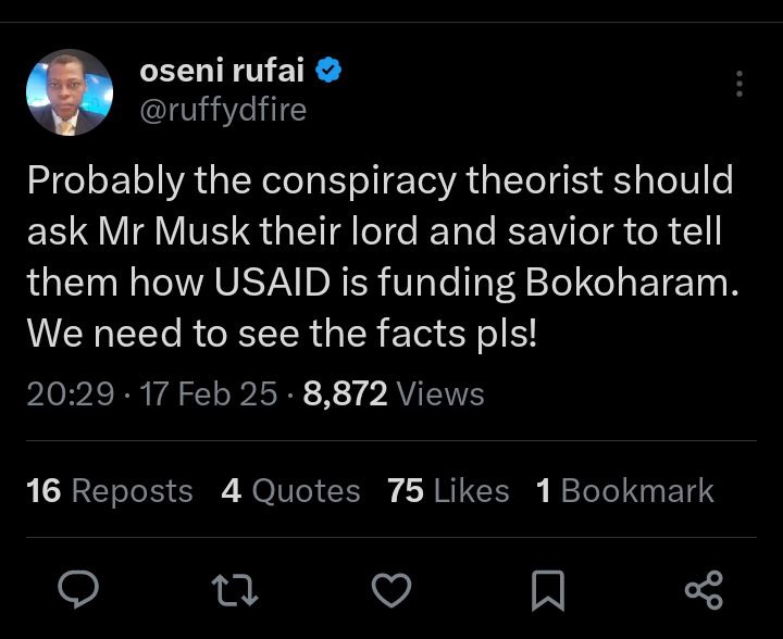 Oseni Rufai Challenges Conspiracy Theorists Over Allegations of USAID Funding Boko Haram