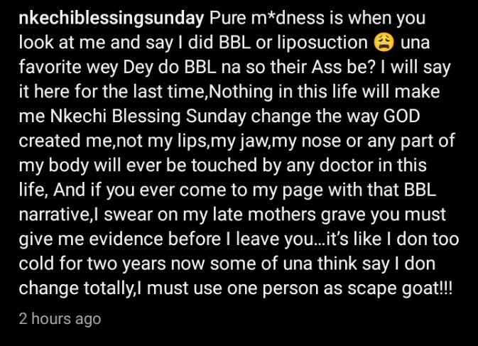 Nkechi Blessing Warns Critics: "I'll Make a Scapegoat of Anyone Claiming I Did BBL"
