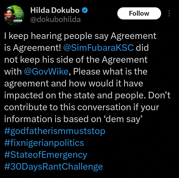 Hilda Dokubo Questions Claims That Fubara Broke Agreement with Wike