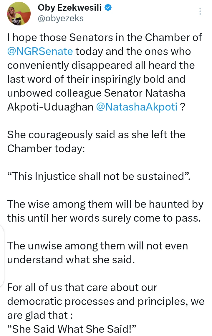 Oby Ezekwesili Reacts to Natasha Akpoti’s Final Statement Before Suspension from NASS