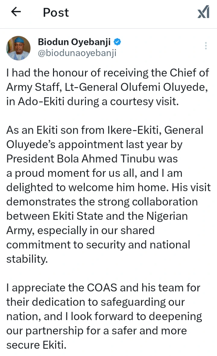 Ekiti Governor, Biodun Oyebanji Welcomes Chief of Army Staff, Lt-General Olufemi Oluyede