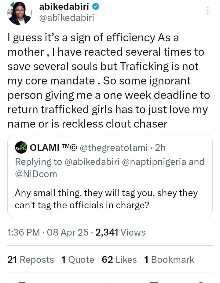 Dabiri-Erewa To Verydarkman: I’ve Helped Many, But Trafficking Isn’t My Mandate Dabiri-Erewa To Verydarkman: I’ve Helped Many, But Trafficking Isn’t My Mandate
