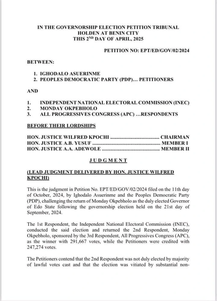 Leaked Tribunal Judgment Emerges Ahead of Edo Governorship Verdict