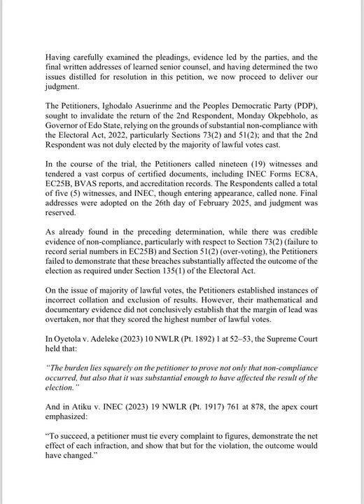 Leaked Tribunal Judgment Emerges Ahead of Edo Governorship Verdict