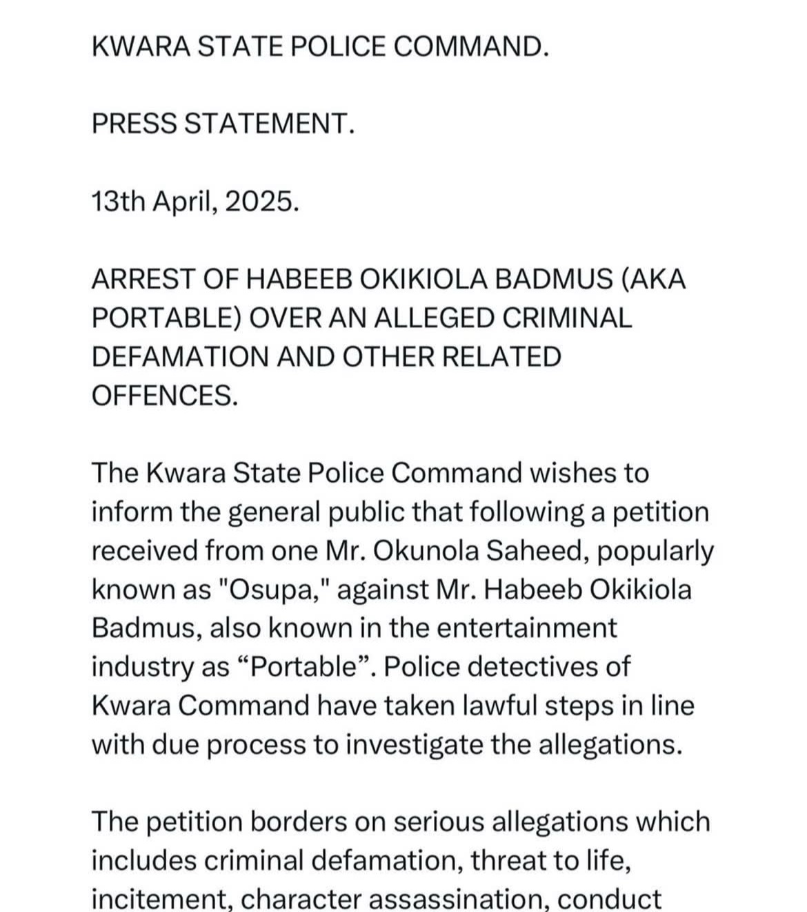 Breaking: Police Arrest Singer Portable Over Alleged Criminal Defamation Against Fuji Icon Osupa Breaking: Police Arrest Singer Portable Over Alleged Criminal Defamation Against Fuji Icon Osupa