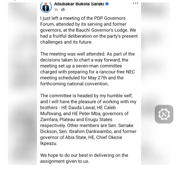 Bukola Saraki Shares Key Details Of Pdp Governors' Meeting In Bauchi Bukola Saraki Shares Key Details Of Pdp Governors' Meeting In Bauchi