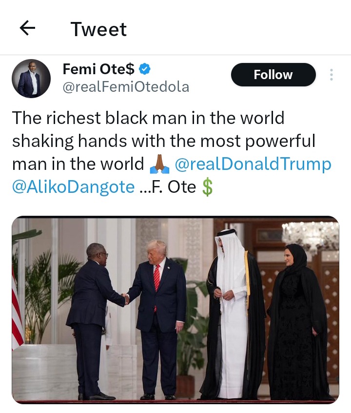 Mixed Reactions As Femi Otedola Reacts To Viral Photo Of Dangote And Donald Trump In Qatar Mixed Reactions As Femi Otedola Reacts To Viral Photo Of Dangote And Donald Trump In Qatar