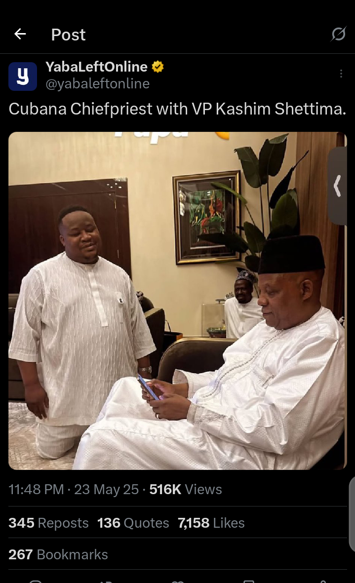 Cubana Chiefpriest Kneels Before Vp Shettima, Sparks Cultural Debate Online Cubana Chiefpriest Kneels Before Vp Shettima, Sparks Cultural Debate Online