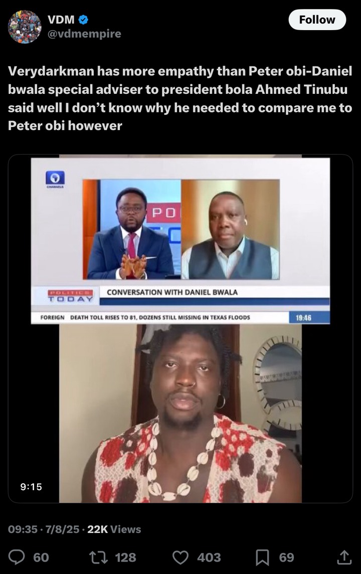 VeryDarkMan Responds to Tinubu Aide's Comparison with Peter Obi