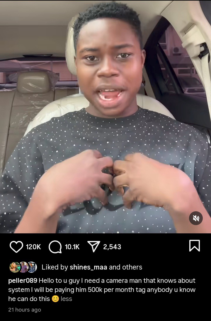 Content Creator Peller Offers Cameraman Jobs with ₦500,000 Monthly Salary