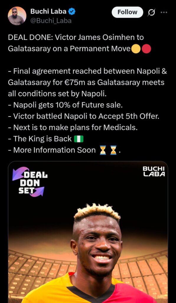 Victor Osimhen Set for Galatasaray Move, Ends Premier League Speculation