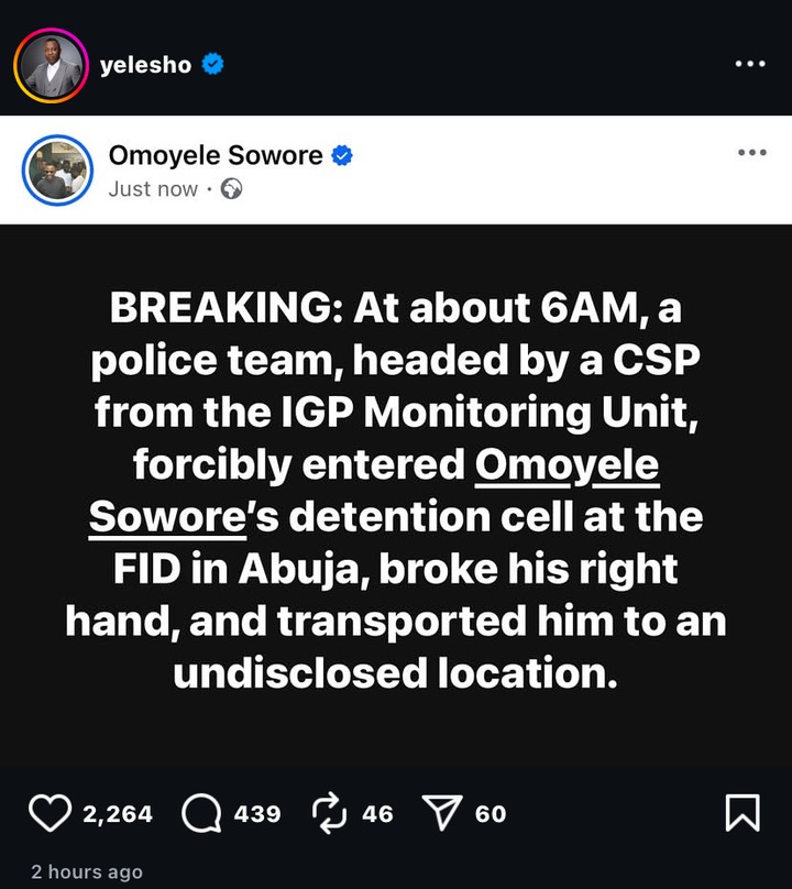 Sowore Reportedly Injured in Police Custody During Cell Invasion